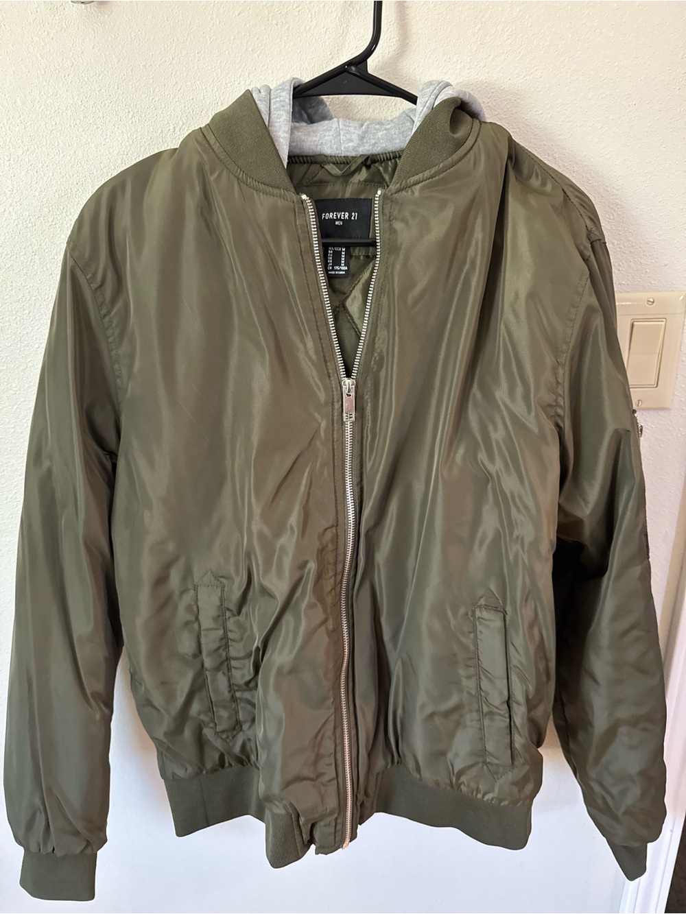 Forever 21 Olive Green Bomber Jacket with Gray Hooded Liner